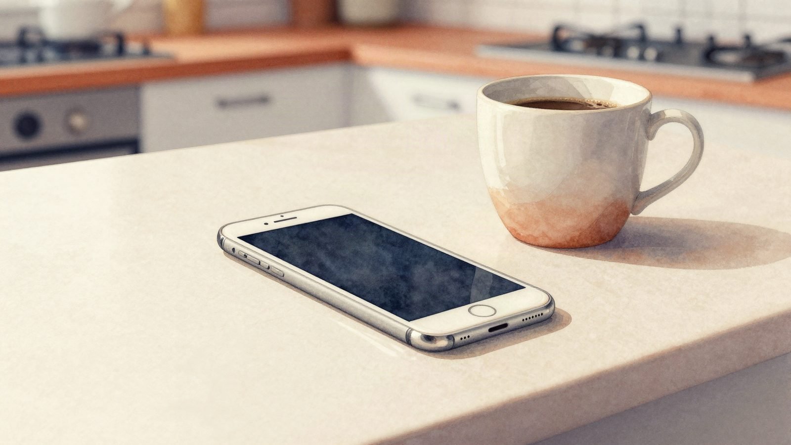 A phone lying face-up on a kitchen counter next to a coffee mug.