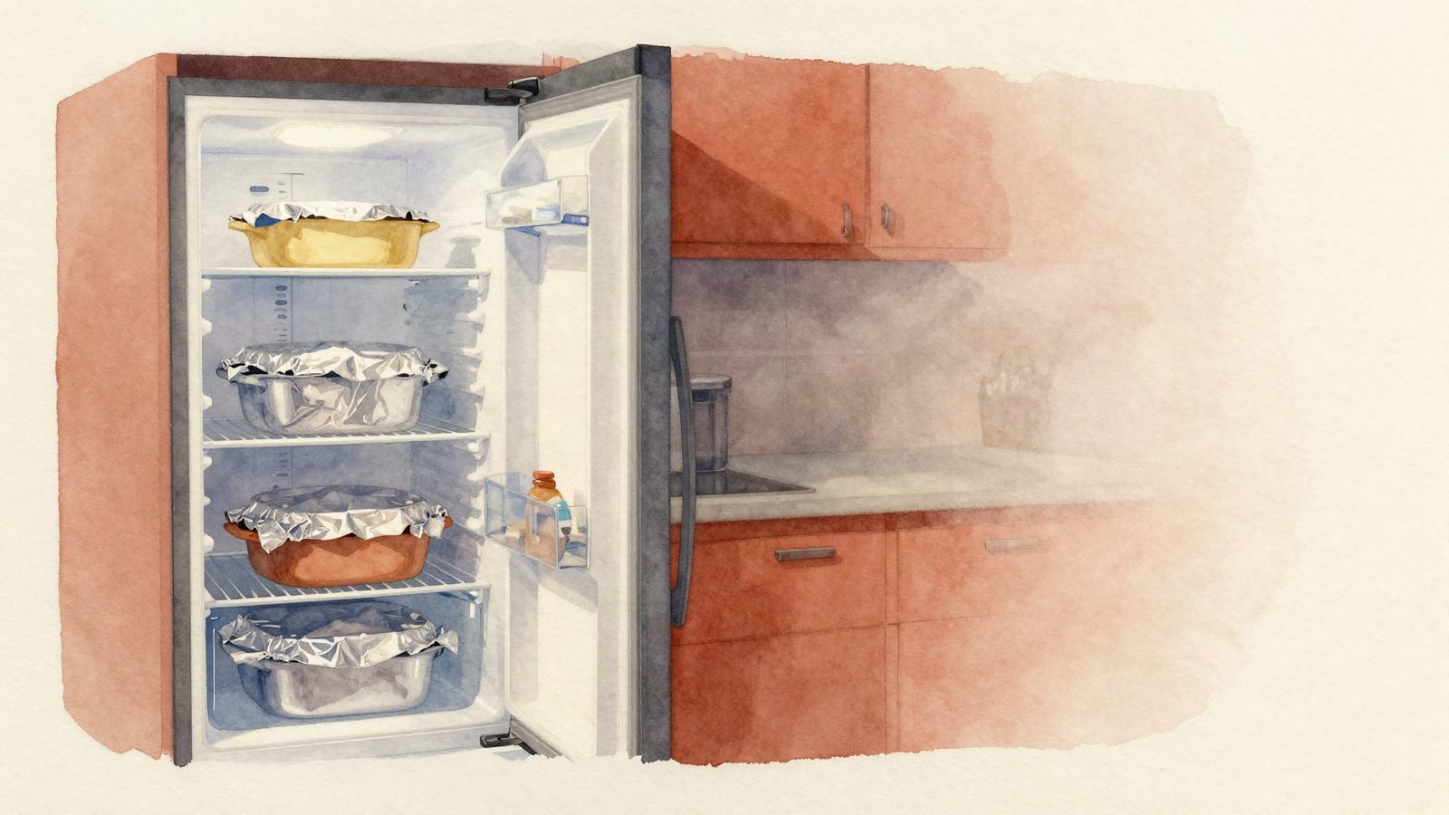A refrigerator full of foil-covered dishes in a quiet kitchen.