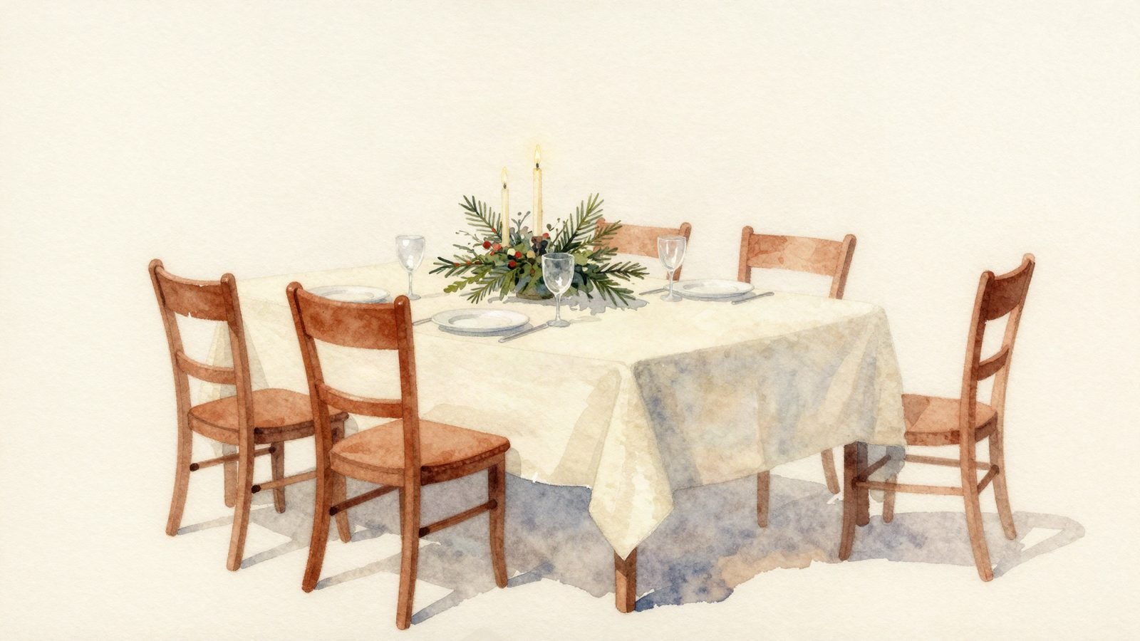 A holiday table with one chair pulled slightly back and no plate in front of it.