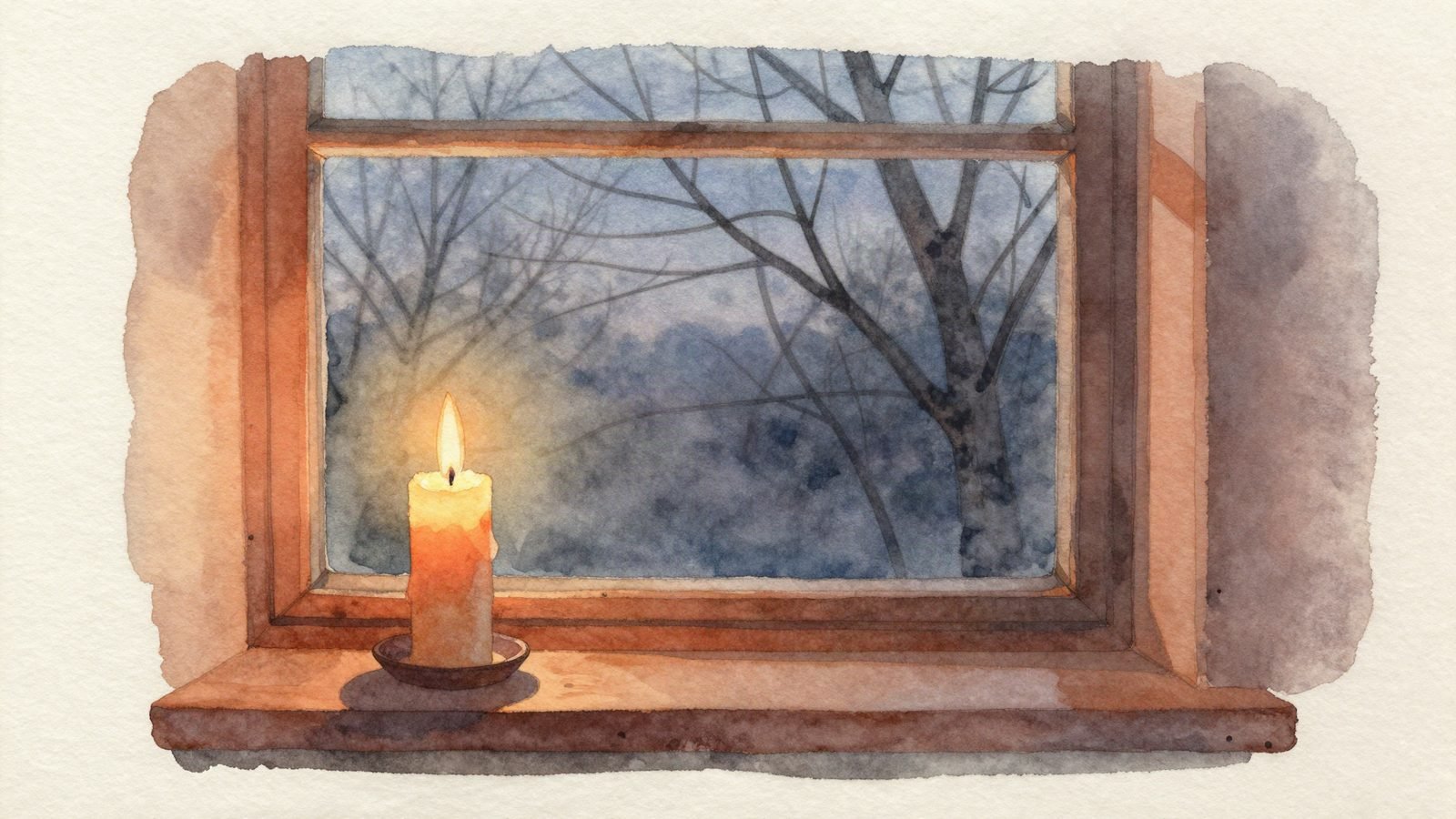 A single lit candle on a windowsill at dusk, with bare winter branches outside.