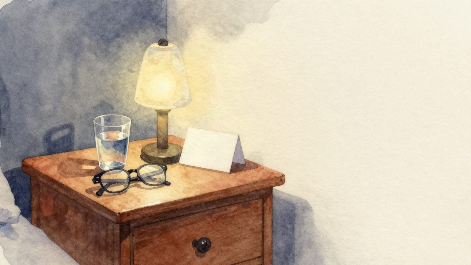 A bedside table at night with a glass of water, reading glasses, and an appointment card.