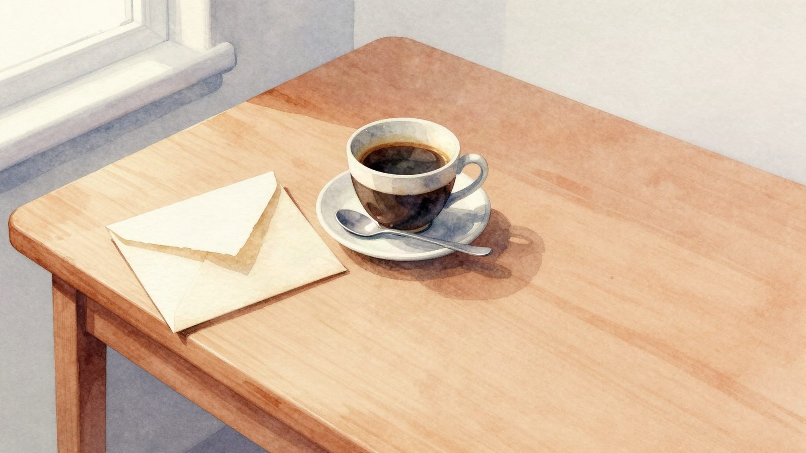 A kitchen table with an opened envelope and a cup of coffee going cold.