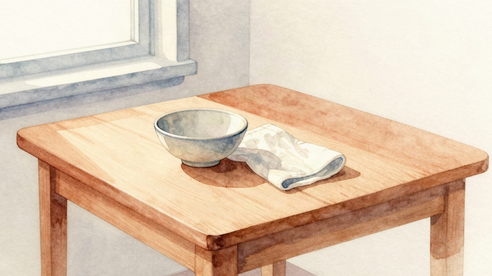 A plain wooden table set for a small meal, with an empty ceramic bowl and afternoon light.
